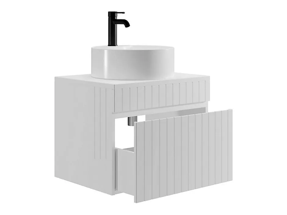 Vente-unique Meuble de salle de bain suspendu strié blanc avec vasque ronde à poser - 60 cm - SATARA