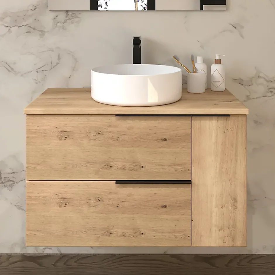 Cosyneo Meuble de salle de bain sans miroir avec vasque à poser ronde KING - Roble (chêne clair) - 80cm