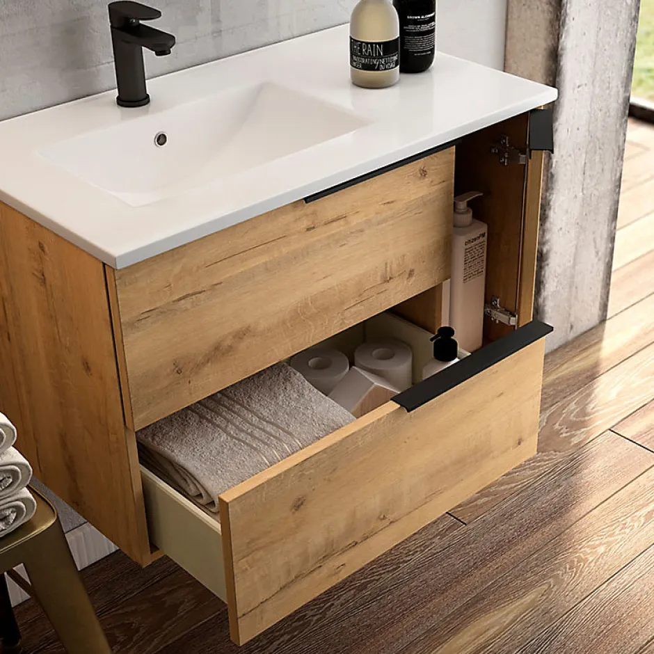 Cosyneo Meuble de salle de bain sans miroir avec vasque à poser ronde KING - Roble (chêne clair) - 80cm