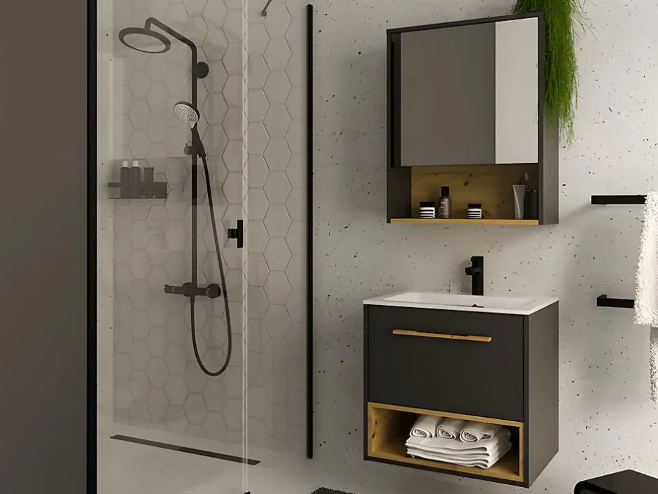 Vente-unique Meuble de salle de bain suspendu anthracite avec vasque à encastrer et armoire de toilette - 60 cm - YANGRA