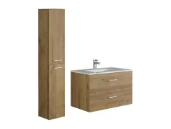 Vente-unique Meuble de salle de bain suspendu simple vasque avec colonne de rangement - Coloris naturel clair - 80 cm - KAYLA