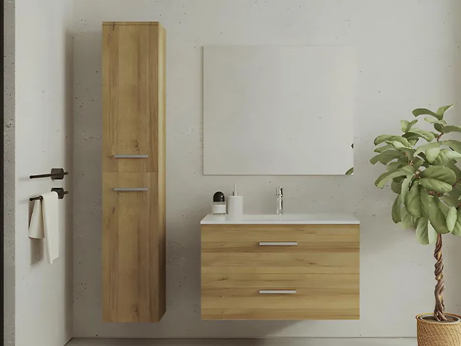 Vente-unique Meuble de salle de bain suspendu simple vasque avec colonne de rangement - Coloris naturel clair - 80 cm - KAYLA