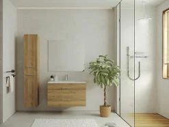 Vente-unique Meuble de salle de bain suspendu simple vasque avec colonne de rangement - Coloris naturel clair - 80 cm - KAYLA