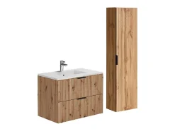 Vente-unique Meuble de salle de bain suspendu strié avec vasque à encastrer et colonne - Coloris naturel clair - 80 cm - ZEVARA