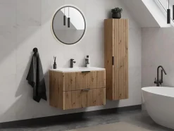 Vente-unique Meuble de salle de bain suspendu strié avec vasque à encastrer et colonne - Coloris naturel clair - 80 cm - ZEVARA