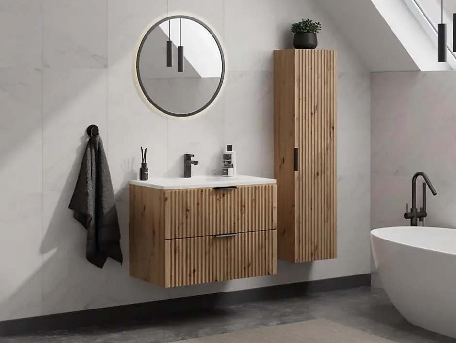 Vente-unique Meuble de salle de bain suspendu strié avec vasque à encastrer et colonne - Coloris naturel clair - 80 cm - ZEVARA