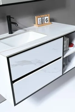 Luxury Bain Meuble de salle de bain simple vasque 100cm blanc effet marbre avec miroir LED et colonne de rangement LB-6948 LuxuryBain-* Ensemble Meuble De Salle De Bains