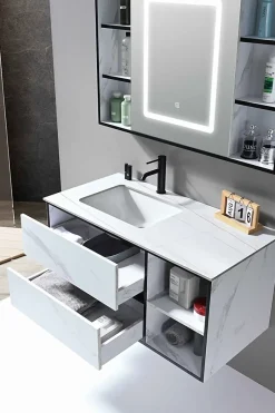 Luxury Bain Meuble de salle de bain simple vasque 100cm blanc effet marbre avec miroir LED et colonne de rangement LB-6948 LuxuryBain-* Ensemble Meuble De Salle De Bains