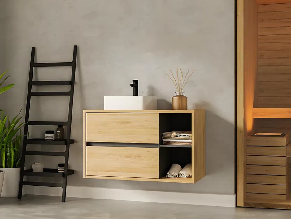 Vente-unique Meuble de salle de bain suspendu vasque carrée - coloris naturel - 100 cm - PURNAL