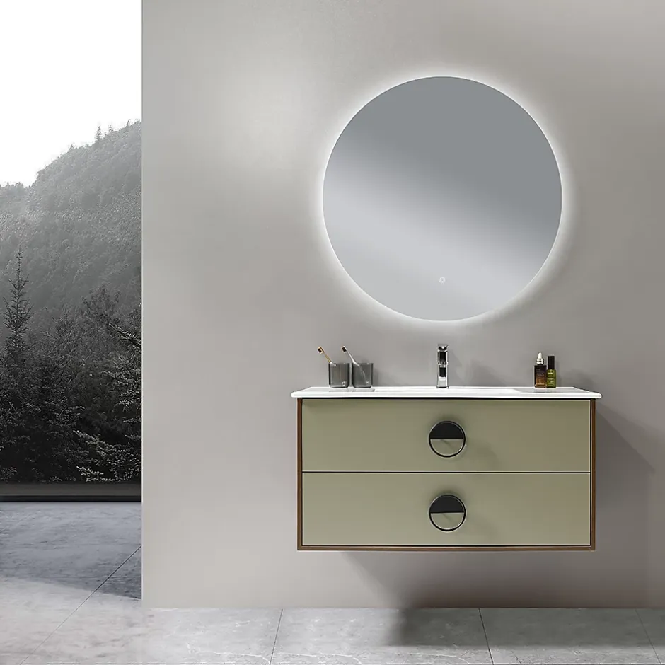 Luxury Bain Meuble de salle de bain simple vasque 100cm bois et vert avec miroir LED LuxuryBain-