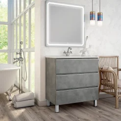 Cosyneo Meuble de salle de bain simple vasque - 3 tiroirs - PALMA et miroir Led VELDI - ciment (gris) - 60cm* Ensemble Meuble De Salle De Bains