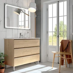 Cosyneo Meuble de salle de bain simple vasque - 3 tiroirs - PALMA et miroir Led VELDI - bambou (chêne clair) - 70cm* Ensemble Meuble De Salle De Bains
