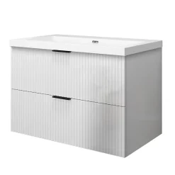 AICA Sanitaire Meuble de salle de bain suspendu 80 cm, 2 tiroirs, avec vasque blanche,MDF blanc brillant* Meuble Vasque