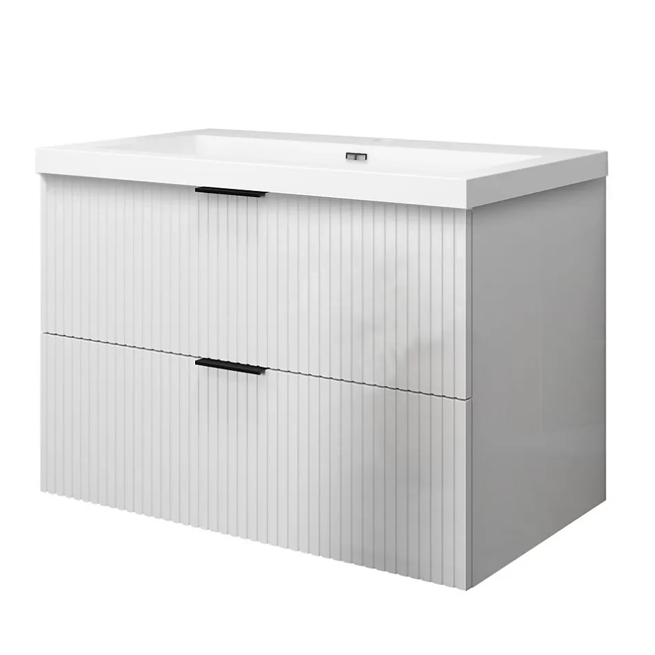 AICA Sanitaire Meuble de salle de bain suspendu 80 cm, 2 tiroirs, avec vasque blanche,MDF blanc brillant* Meuble Vasque