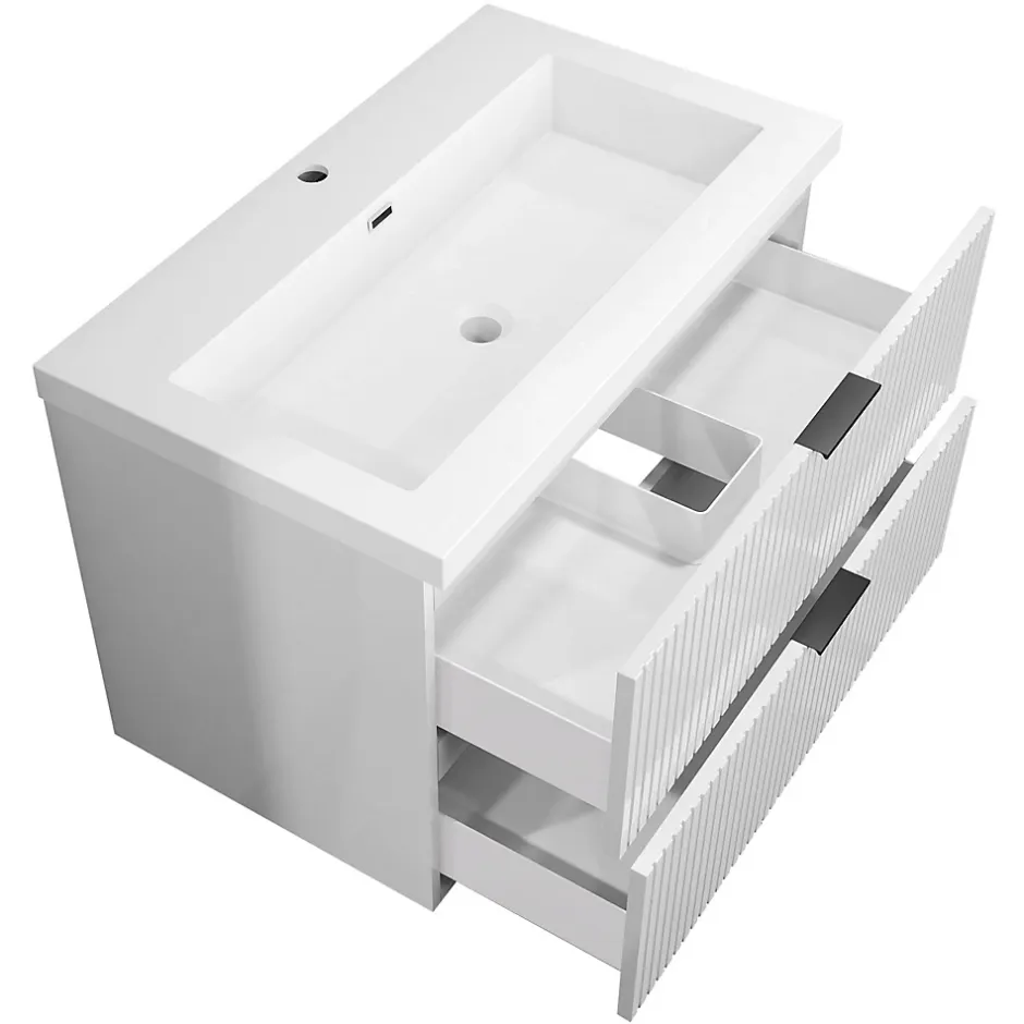 AICA Sanitaire Meuble de salle de bain suspendu 80 cm, 2 tiroirs, avec vasque blanche,MDF blanc brillant* Meuble Vasque