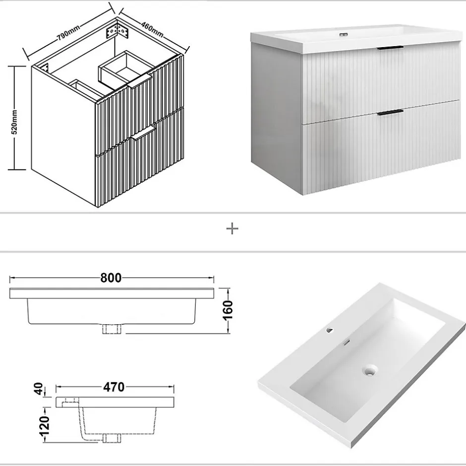 AICA Sanitaire Meuble de salle de bain suspendu 80 cm, 2 tiroirs, avec vasque blanche,MDF blanc brillant* Meuble Vasque