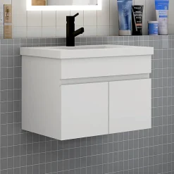 AICA Sanitaire Meuble de salle de bain suspendu avec vasque à poser, meuble blanc 60 cm 2 portes* Meuble Vasque