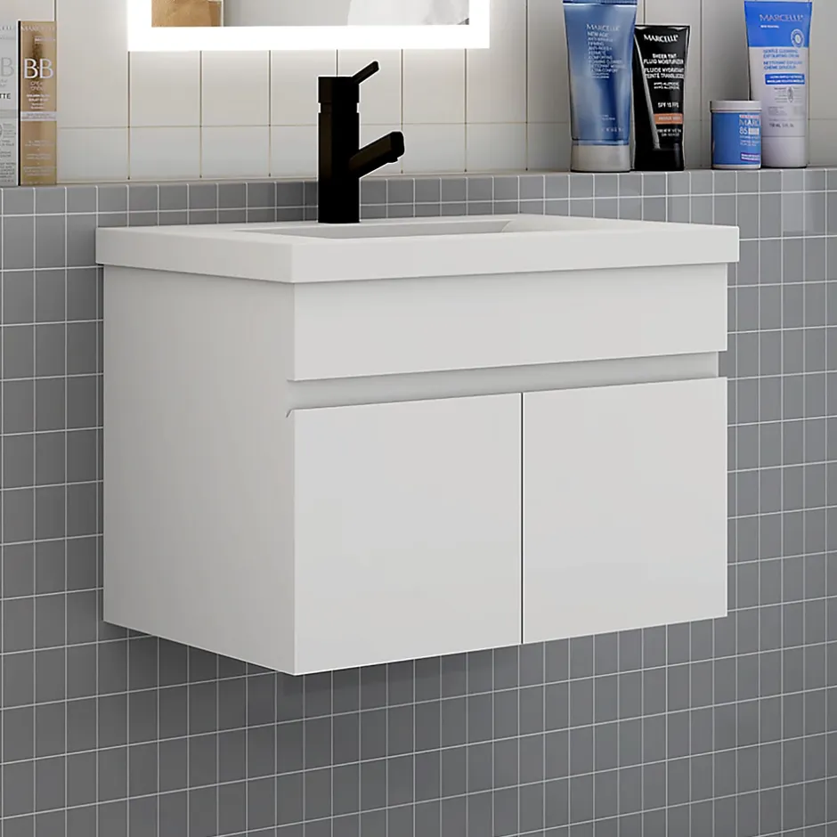 AICA Sanitaire Meuble de salle de bain suspendu avec vasque à poser, meuble blanc 60 cm 2 portes* Meuble Vasque
