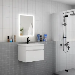 AICA Sanitaire Meuble de salle de bain suspendu avec vasque à poser, meuble blanc 60 cm 2 portes* Meuble Vasque