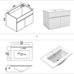 AICA Sanitaire Meuble de salle de bain suspendu avec vasque à poser, meuble blanc 60 cm 2 portes* Meuble Vasque