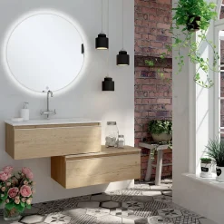 Cosyneo Meuble de salle de bain simple vasque - 2 tiroirs - PENA et miroir rond Led SOLEN - bambou (chêne clair) - 120cm