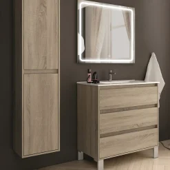 Cosyneo Meuble de salle de bain simple vasque - 3 tiroirs - TIRIS 3C et miroir Led STAM - cambrian (chêne) - 100cm