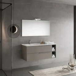 Kiamami Valentina Meuble De Salle De Bains Suspendu 120Cm Avec Tiroirs Gris Frêne, Lavabo Asymétrique Et Miroir - New York* Ensemble Meuble De Salle De Bains