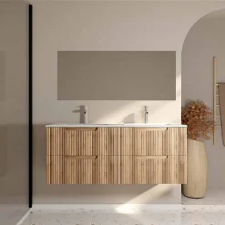 Aurlane Meuble de Salle de Bains LEON 120cm Décor Bois - 4 Tiroirs en MDF Ondulés - Vasque à encastrer