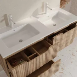 Aurlane Meuble de Salle de Bains LEON 120cm Décor Bois - 4 Tiroirs en MDF Ondulés - Vasque à encastrer