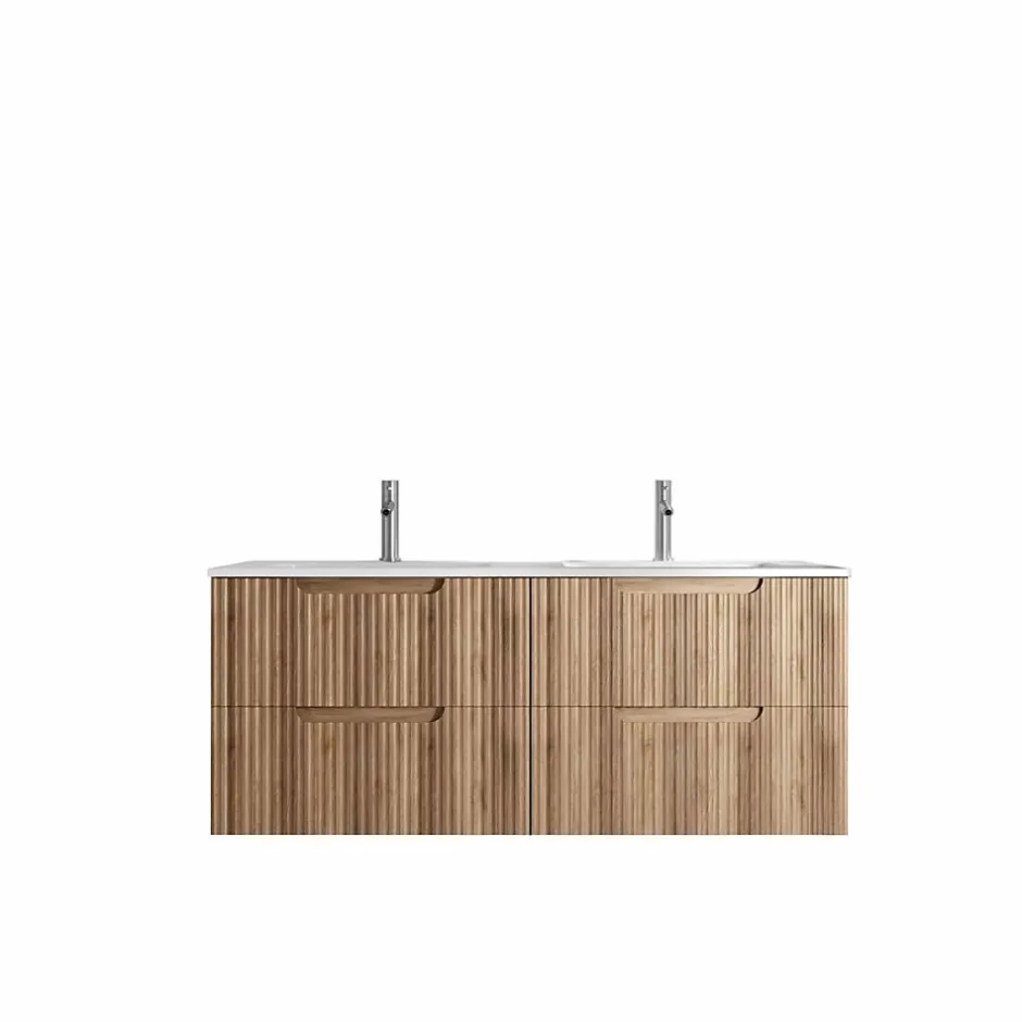 Aurlane Meuble de Salle de Bains LEON 120cm Décor Bois - 4 Tiroirs en MDF Ondulés - Vasque à encastrer
