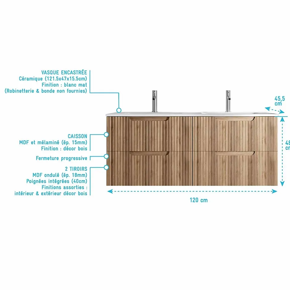 Aurlane Meuble de Salle de Bains LEON 120cm Décor Bois - 4 Tiroirs en MDF Ondulés - Vasque à encastrer