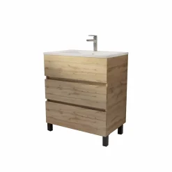 Aurlane Meuble de salle de bains 70 cm TIMBER - Décor Chêne Naturel 3 tiroirs avec Vasque blanche