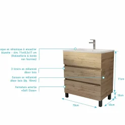 Aurlane Meuble de salle de bains 70 cm TIMBER - Décor Chêne Naturel 3 tiroirs avec Vasque blanche