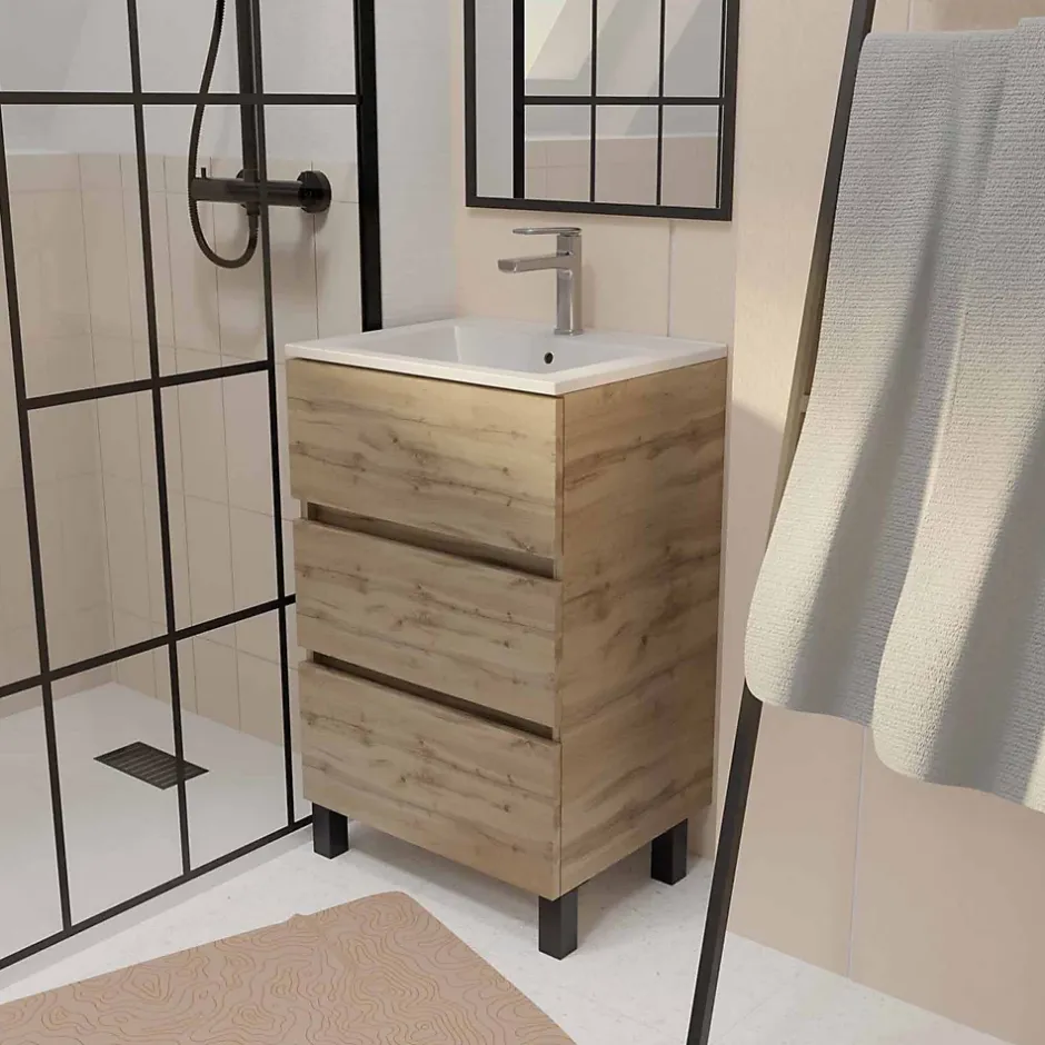 Aurlane Meuble de salle de bains 50 cm TIMBER - Décor Chêne Naturel 3 tiroirs avec Vasque blanche