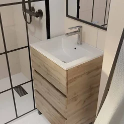 Aurlane Meuble de salle de bains 50 cm TIMBER - Décor Chêne Naturel 3 tiroirs avec Vasque blanche