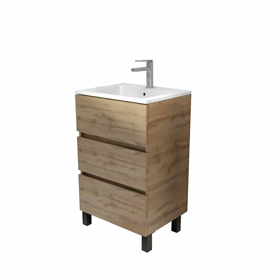 Aurlane Meuble de salle de bains 50 cm TIMBER - Décor Chêne Naturel 3 tiroirs avec Vasque blanche