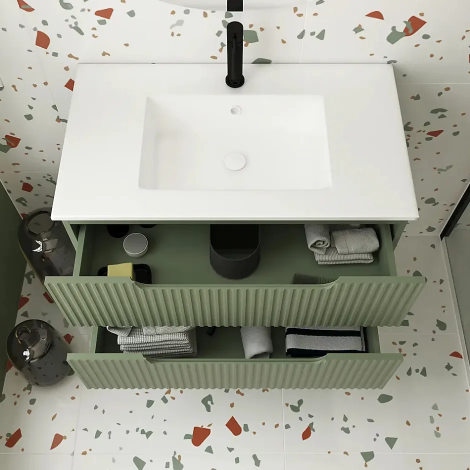 Aurlane Meuble de Salle de Bains LEON 80cm Vert Olive - 2 Tiroirs en MDF Ondulés - Vasque à encastrer* Ensemble Meuble De Salle De Bains