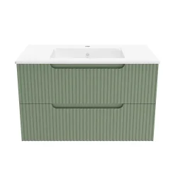 Aurlane Meuble de Salle de Bains LEON 80cm Vert Olive - 2 Tiroirs en MDF Ondulés - Vasque à encastrer* Ensemble Meuble De Salle De Bains