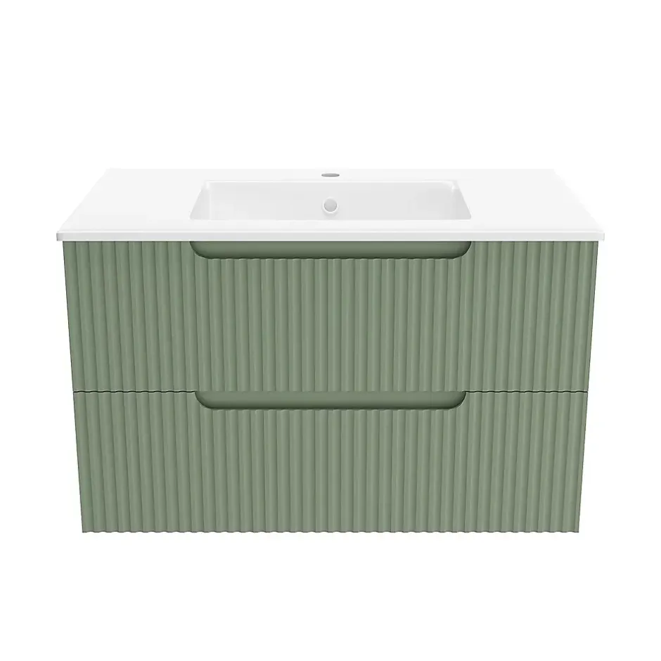 Aurlane Meuble de Salle de Bains LEON 80cm Vert Olive - 2 Tiroirs en MDF Ondulés - Vasque à encastrer* Ensemble Meuble De Salle De Bains