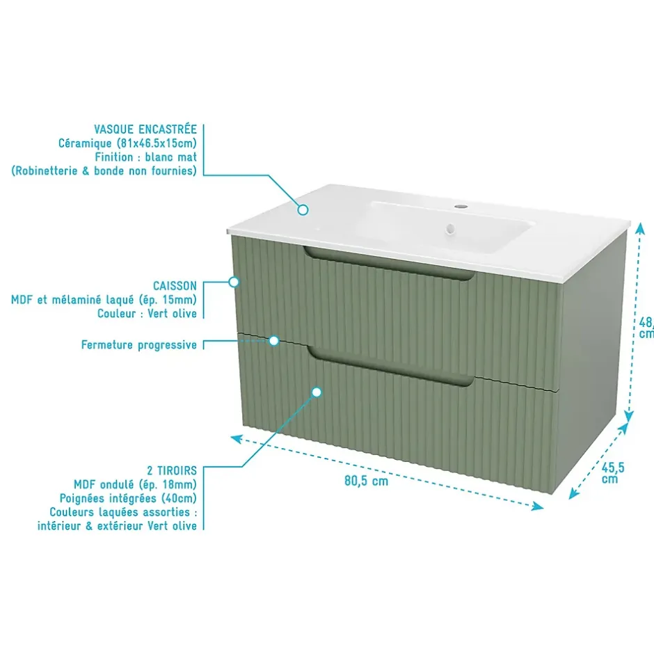 Aurlane Meuble de Salle de Bains LEON 80cm Vert Olive - 2 Tiroirs en MDF Ondulés - Vasque à encastrer* Ensemble Meuble De Salle De Bains