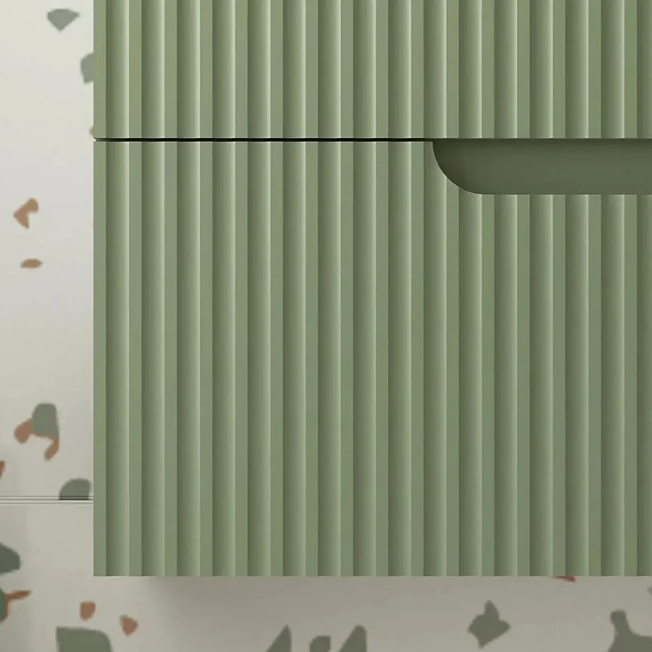 Aurlane Meuble de Salle de Bains LEON 80cm Vert Olive - 2 Tiroirs en MDF Ondulés - Vasque à encastrer* Ensemble Meuble De Salle De Bains
