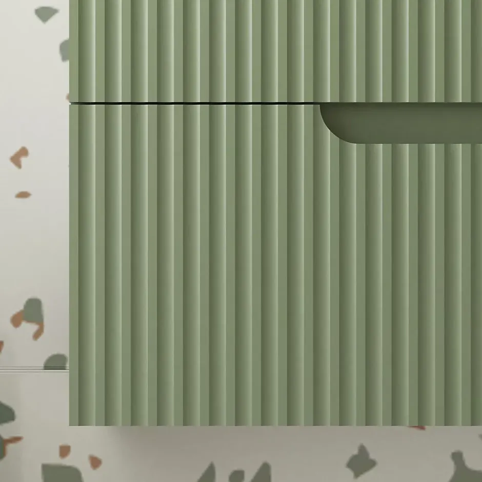Aurlane Meuble de Salle de Bains LEON 80cm Vert Olive - 2 Tiroirs en MDF Ondulés - Vasque à encastrer* Ensemble Meuble De Salle De Bains