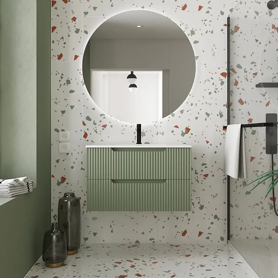 Aurlane Meuble de Salle de Bains LEON 80cm Vert Olive - 2 Tiroirs en MDF Ondulés - Vasque à encastrer* Ensemble Meuble De Salle De Bains