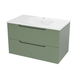 Aurlane Meuble de Salle de Bains LEON 80cm Vert Olive - 2 Tiroirs en MDF Ondulés - Vasque à encastrer* Ensemble Meuble De Salle De Bains