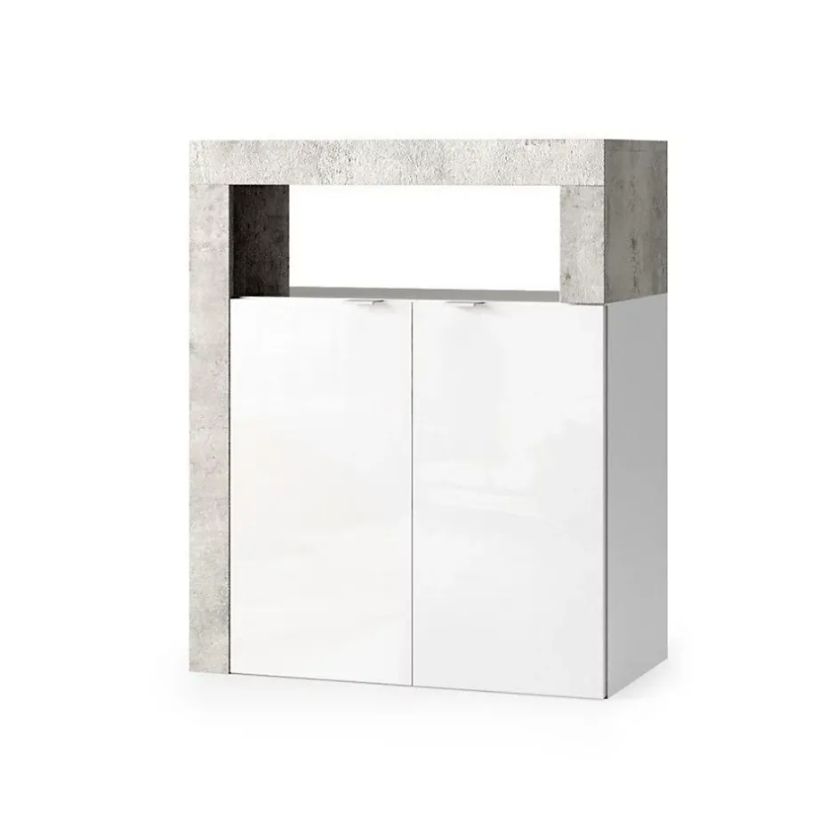 Meublorama Meuble de salle de bains BURA 2 portes, 2 étagères Blanc brillant laqué et gris aspect béton* Meuble De Salle De Bains Faible Profondeur