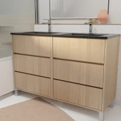 Aurlane Meuble de salle de bains 120 cm 6 Tiroirs Chêne Clair + Vasque Double Céramique Noire - XENOS* Meuble Vasque