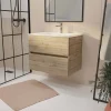 Aurlane Meuble de salle de bains suspendu 70 cm TIMBER - Décor Chêne Naturel 2 tiroirs avec Vasque blanche