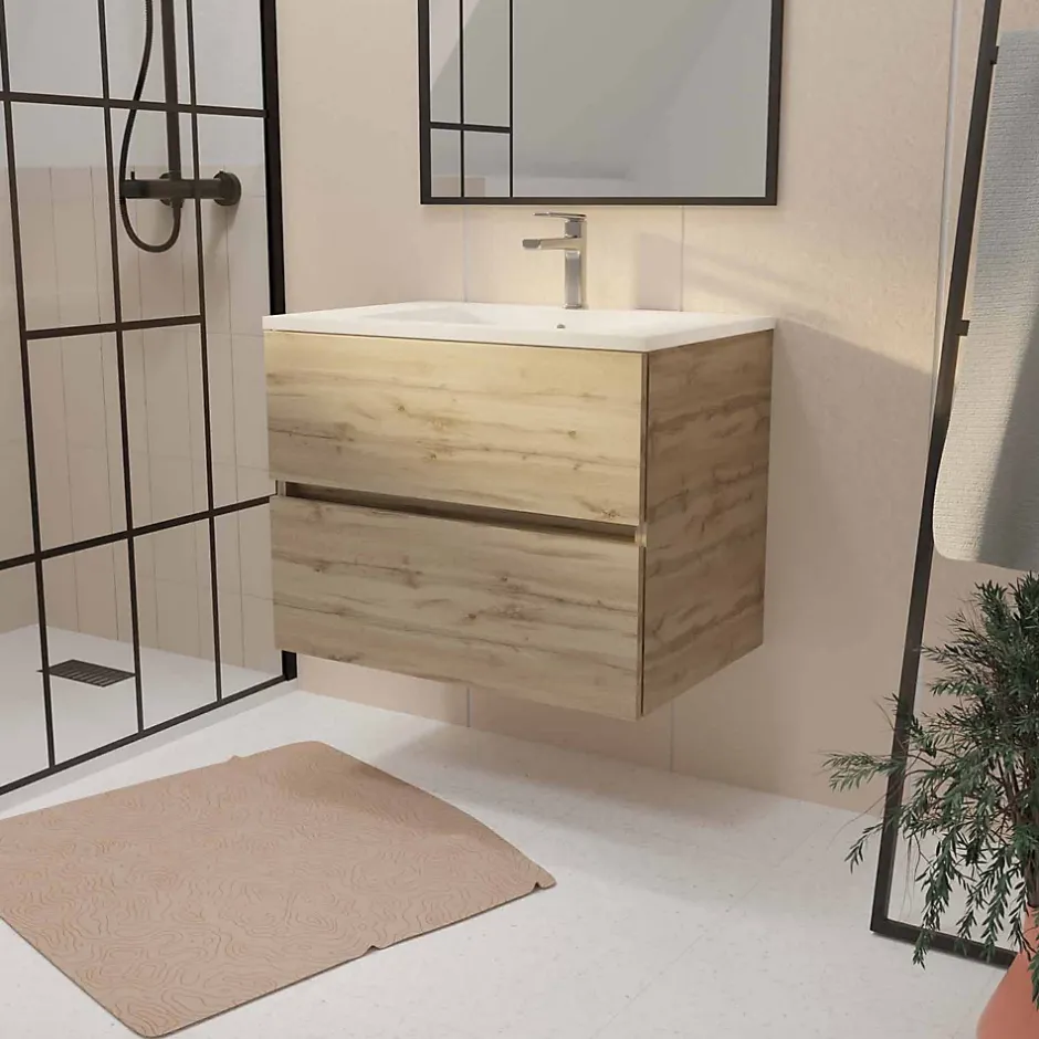 Aurlane Meuble de salle de bains suspendu 70 cm TIMBER - Décor Chêne Naturel 2 tiroirs avec Vasque blanche