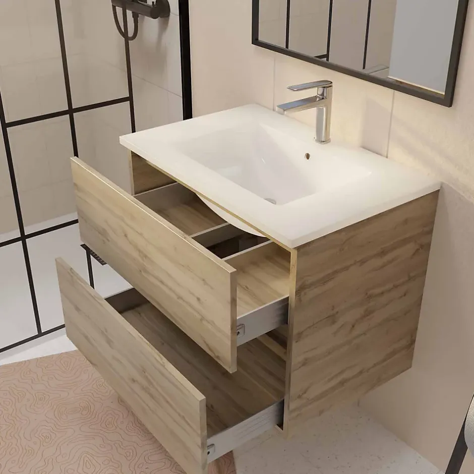 Aurlane Meuble de salle de bains suspendu 70 cm TIMBER - Décor Chêne Naturel 2 tiroirs avec Vasque blanche