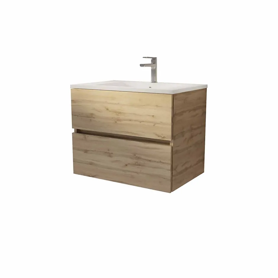 Aurlane Meuble de salle de bains suspendu 70 cm TIMBER - Décor Chêne Naturel 2 tiroirs avec Vasque blanche